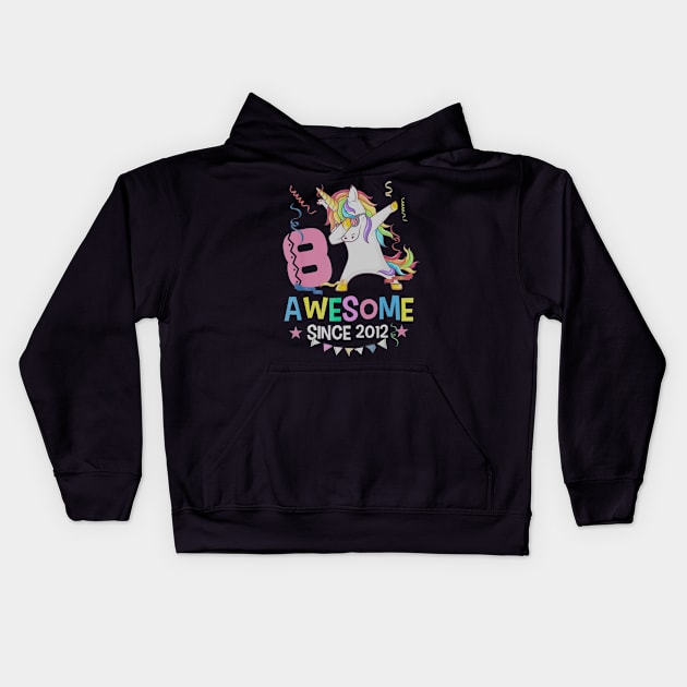 Girls 8th 8yr Birthday Unicorn Dabbing Awesome Since 2012 Kids Hoodie by daylightpombo3